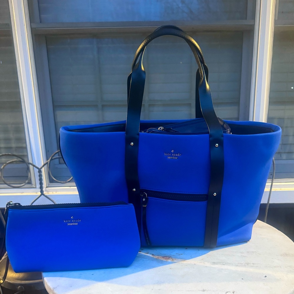 Kate Spade Esta Street Babe neoprene large tote & wristlet cosmetic bag BLUE